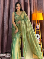 Gorgeous Green Soft Silk Beads Work Mehendi Wear Saree
