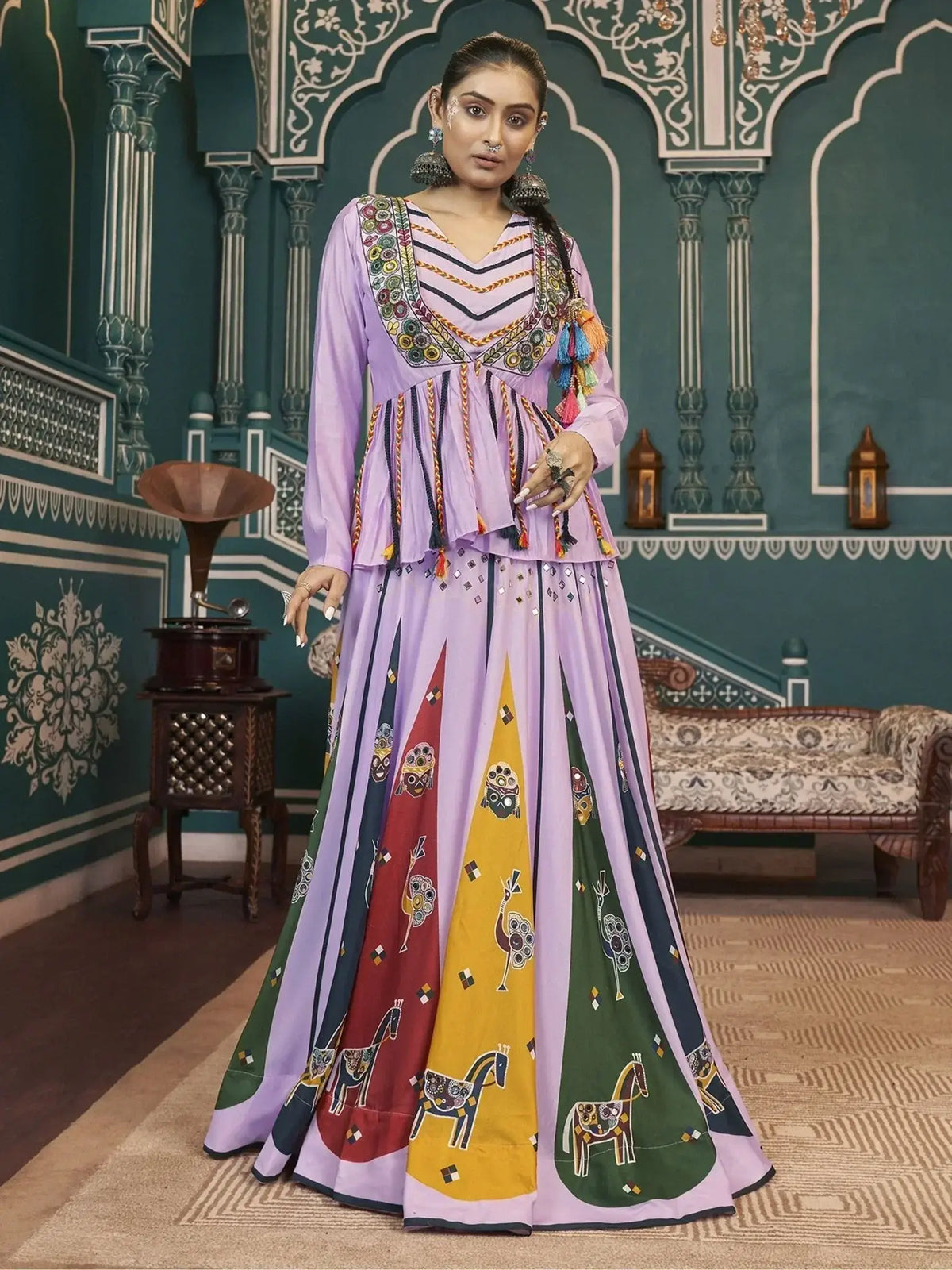 Gorgeous Light Purple Printed Silk Navratri Lehenga Choli With Jacket - Ethnic Plus In