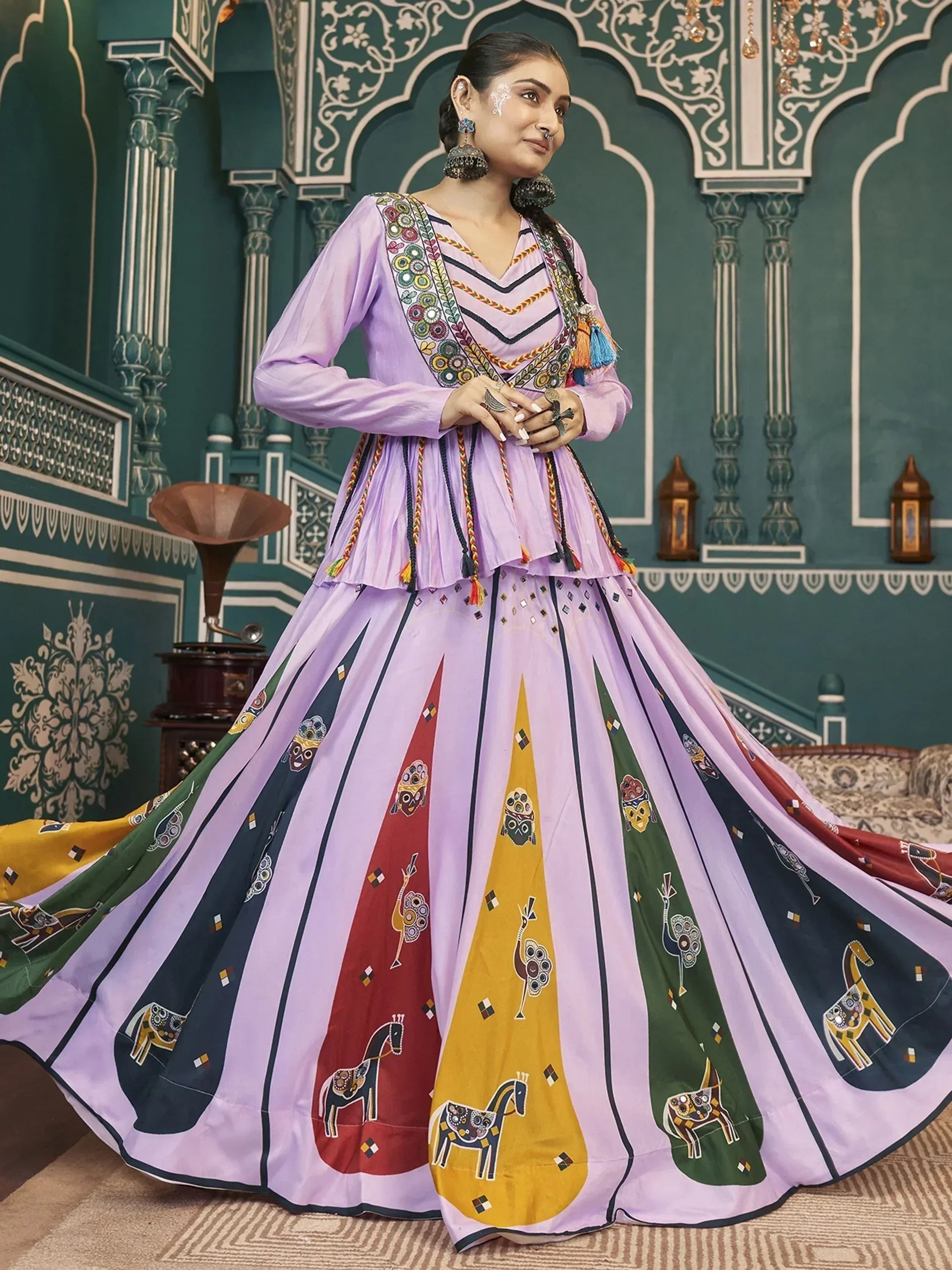 Purple ethnic gown with colorful horse prints and intricate embroidery, perfect for festive occasions.