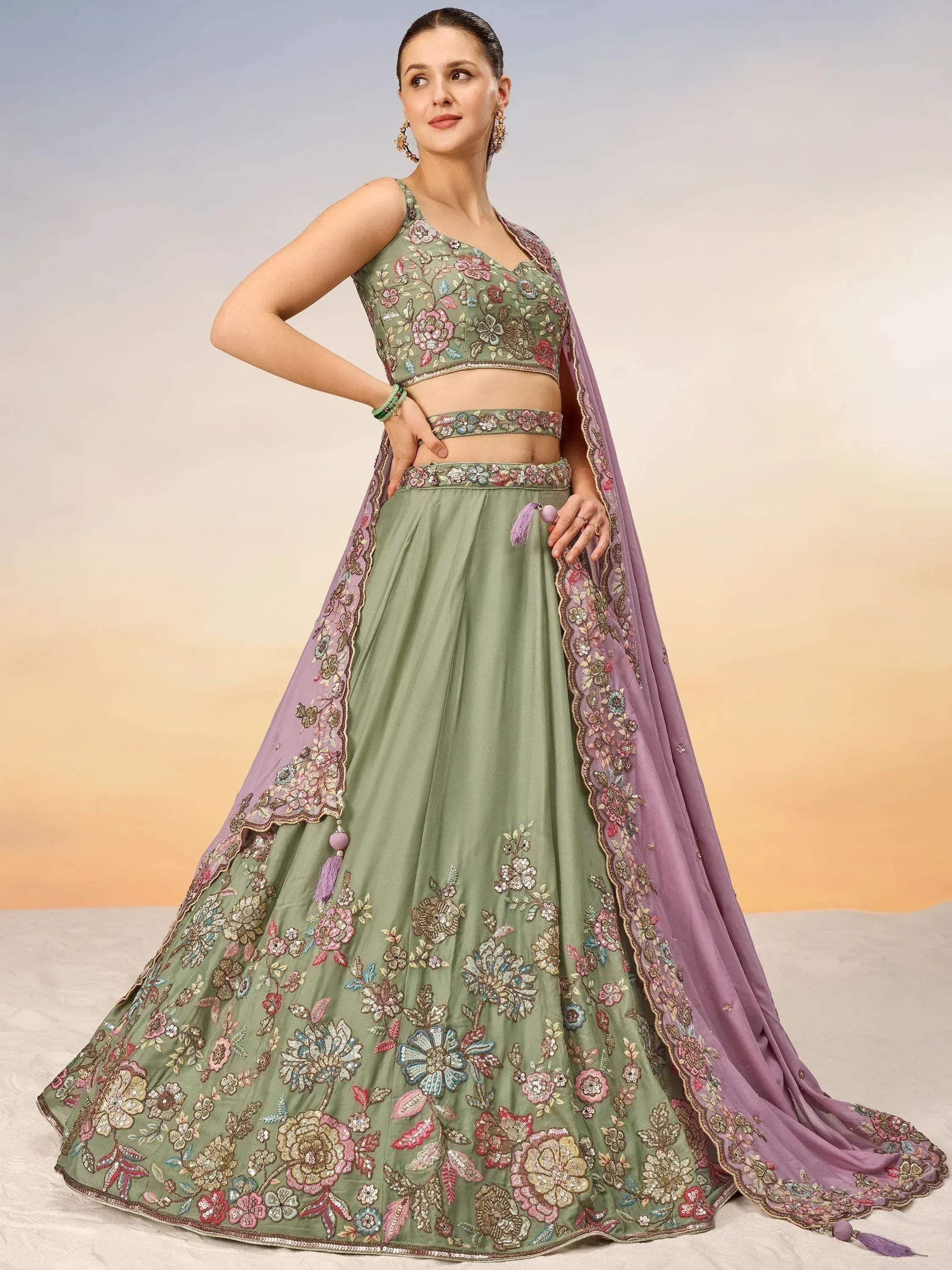 Olive green floral embroidered lehenga choli with purple dupatta, Indian ethnic wear for weddings