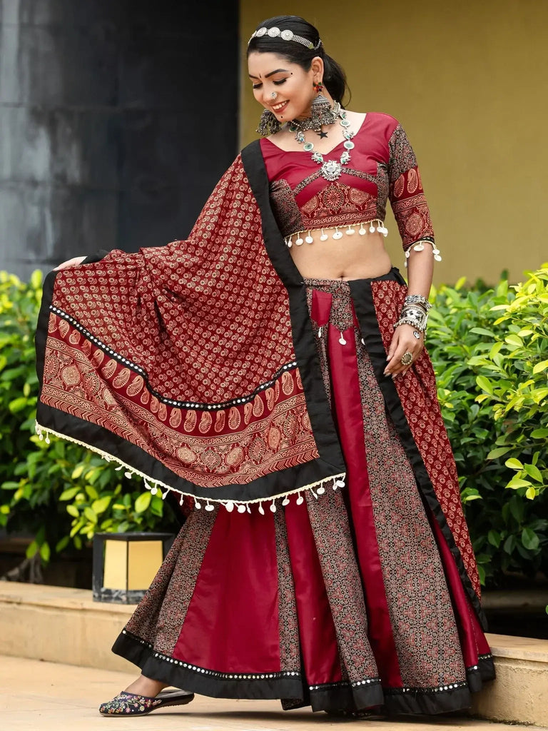 Gorgeous Maroon Printed Cotton Navratri Lehenga Choli With Dupatta - Ethnic Plus In