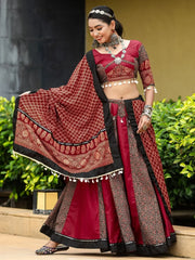 Gorgeous Maroon Printed Cotton Navratri Lehenga Choli With Dupatta - Ethnic Plus In