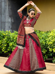 Gorgeous Maroon Printed Cotton Navratri Lehenga Choli With Dupatta - Ethnic Plus In