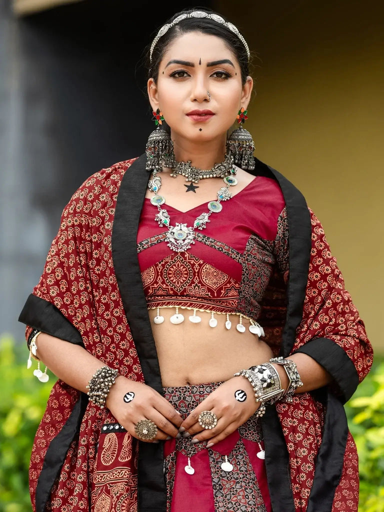 Gorgeous Maroon Printed Cotton Navratri Lehenga Choli With Dupatta - Ethnic Plus In