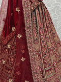 Gorgeous Maroon Thread Work Velvet Lehenga Choli With Double Dupatta - Ethnic Plus In