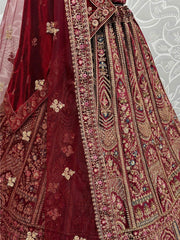 Gorgeous Maroon Thread Work Velvet Lehenga Choli With Double Dupatta - Ethnic Plus In
