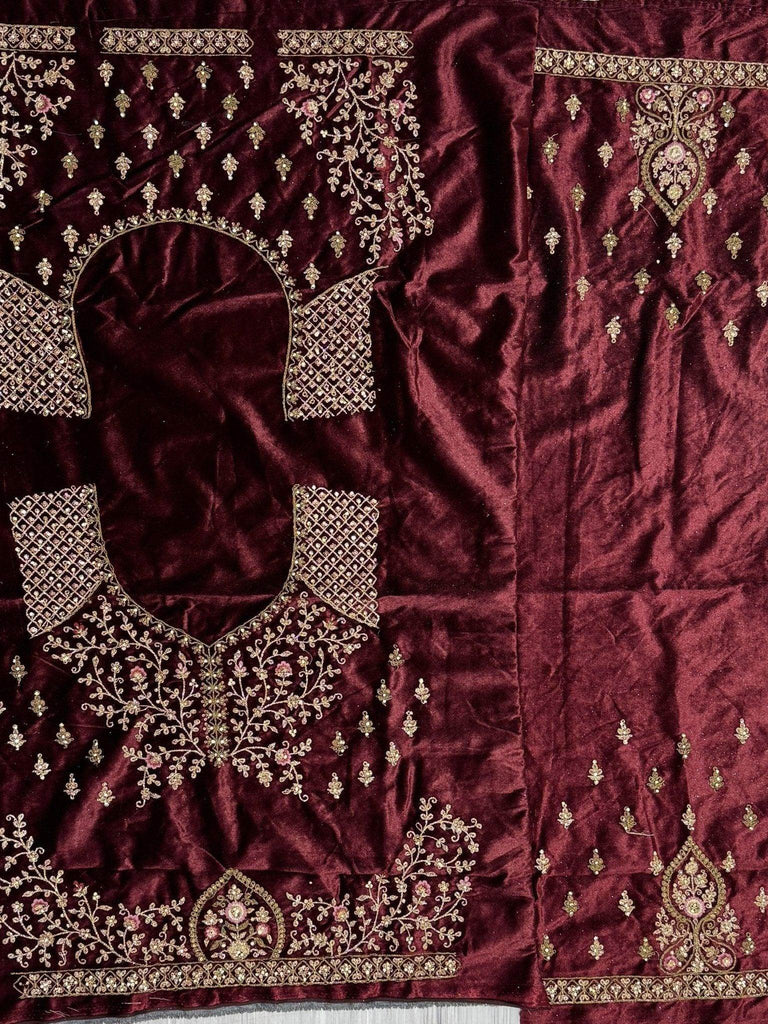 Gorgeous Maroon Thread Work Velvet Lehenga Choli With Double Dupatta - Ethnic Plus In