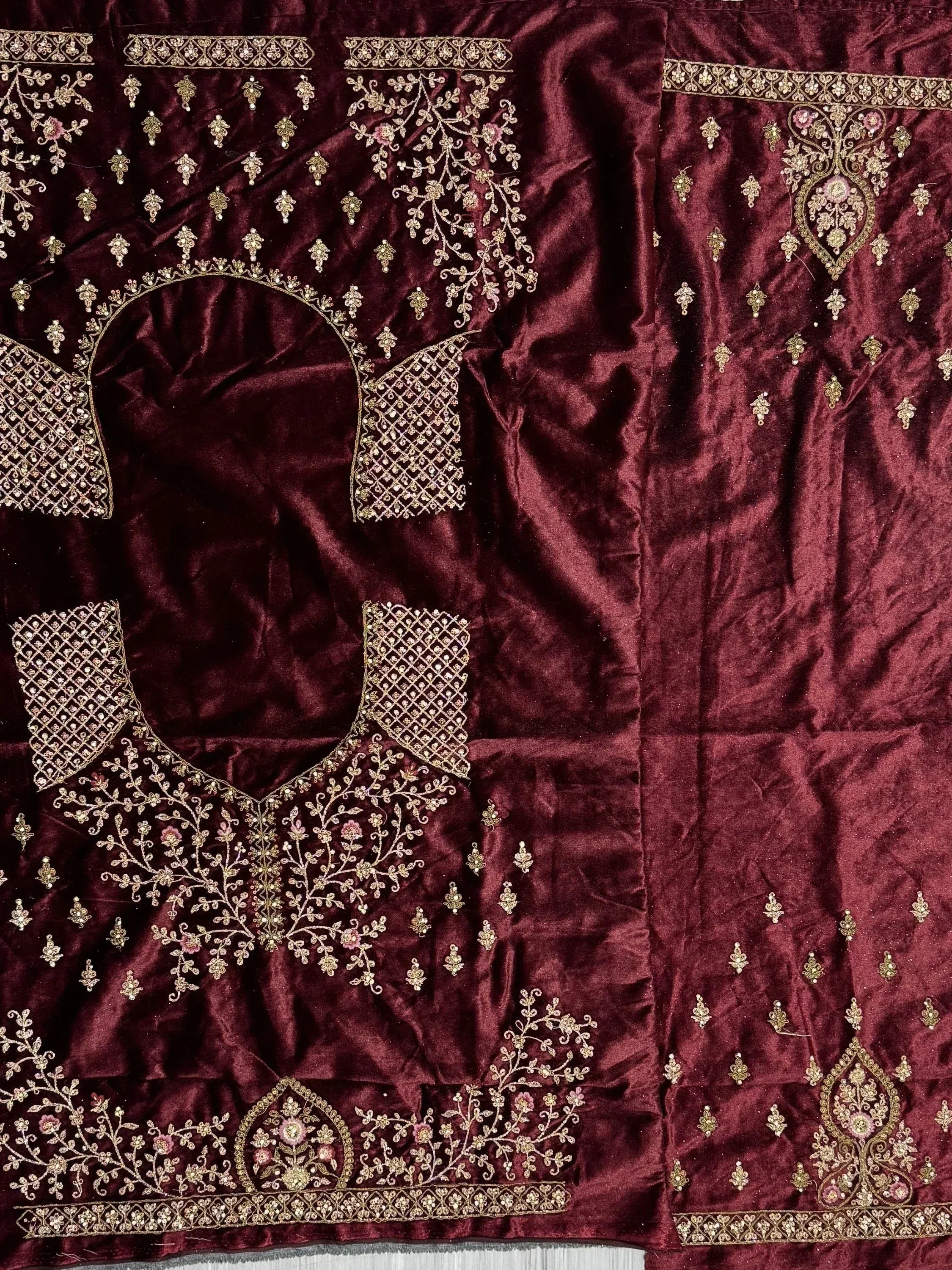 Burgundy velvet lehenga choli with gold floral embroidery and mirror work, Indian ethnic wear