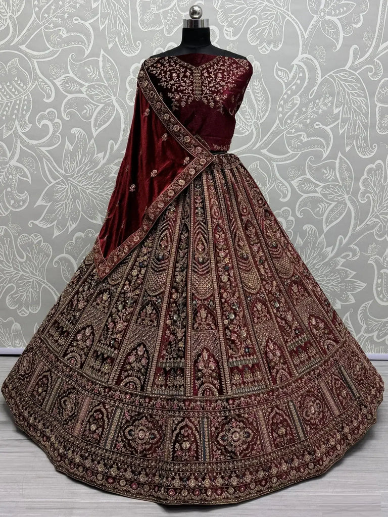 Gorgeous Maroon Thread Work Velvet Lehenga Choli With Double Dupatta - Ethnic Plus In