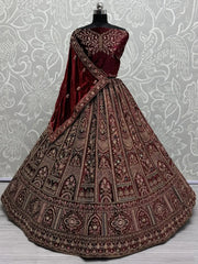 Gorgeous Maroon Thread Work Velvet Lehenga Choli With Double Dupatta - Ethnic Plus In