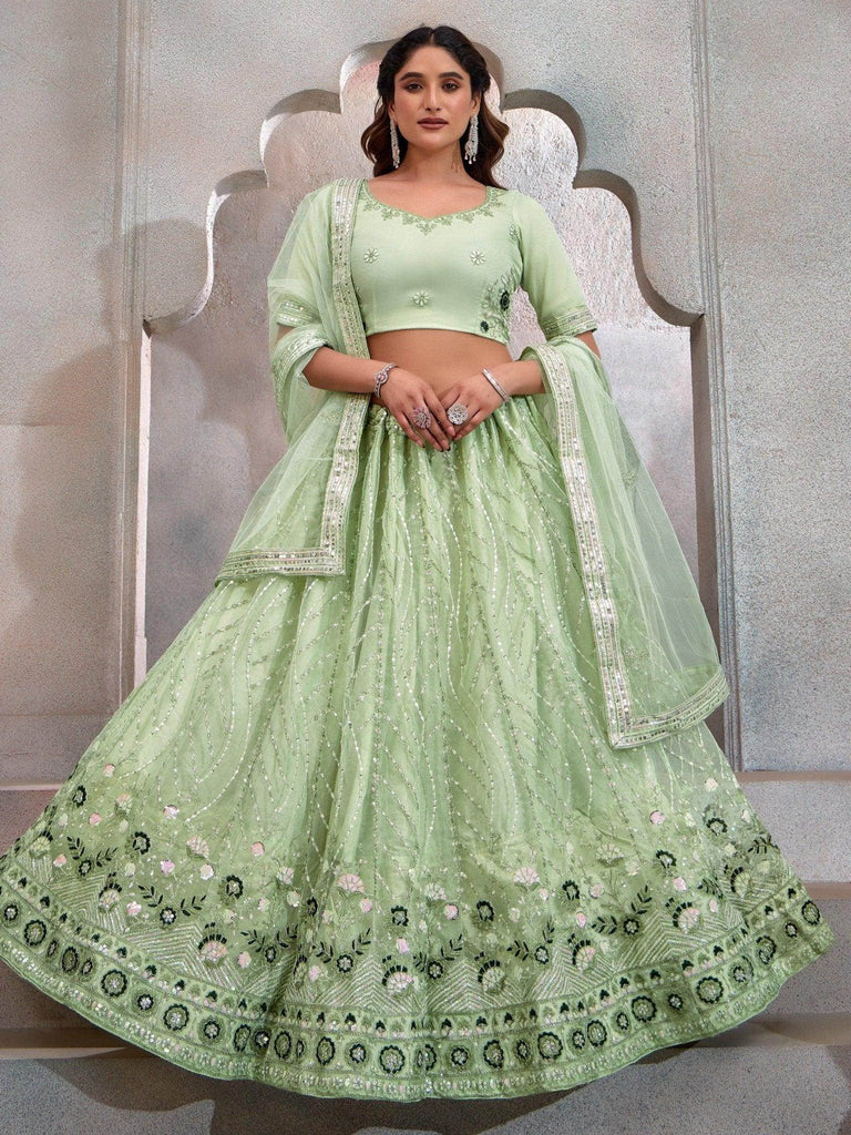 Gorgeous Mint Green Sequins Net Wedding Wear Lehenga Choli - Ethnic Plus In