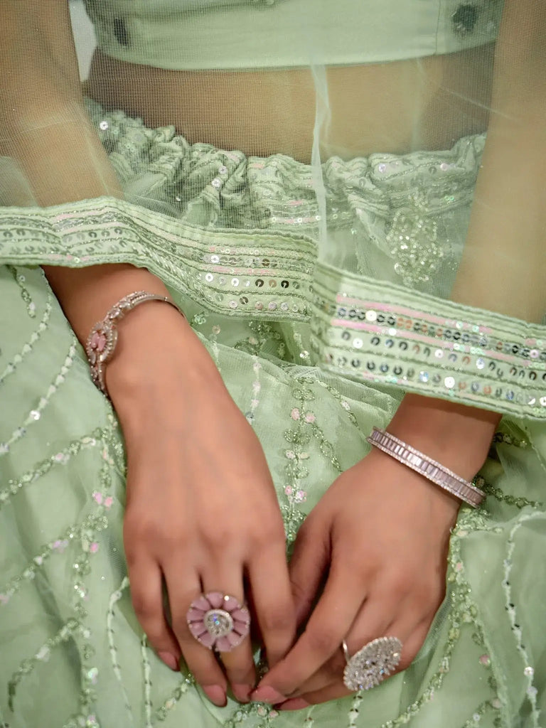 Gorgeous Mint Green Sequins Net Wedding Wear Lehenga Choli - Ethnic Plus In