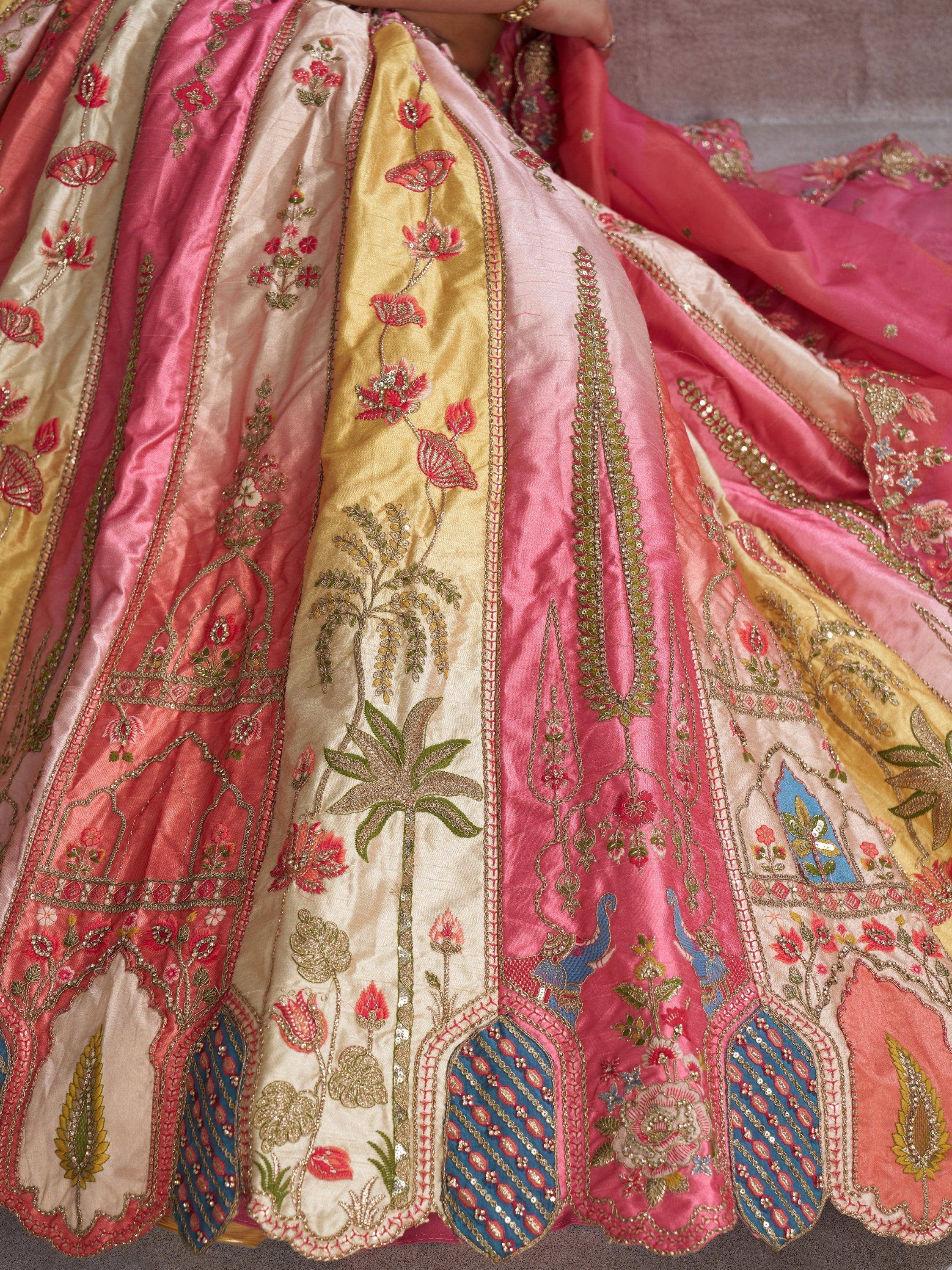 Pink and gold designer lehenga with floral embroidery and peacock motifs, Indian ethnic wear