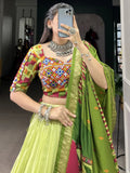 Gorgeous Pista Green Gamthi Work Tussar Silk Navratri Lehenga Choli - Ethnic Plus In
