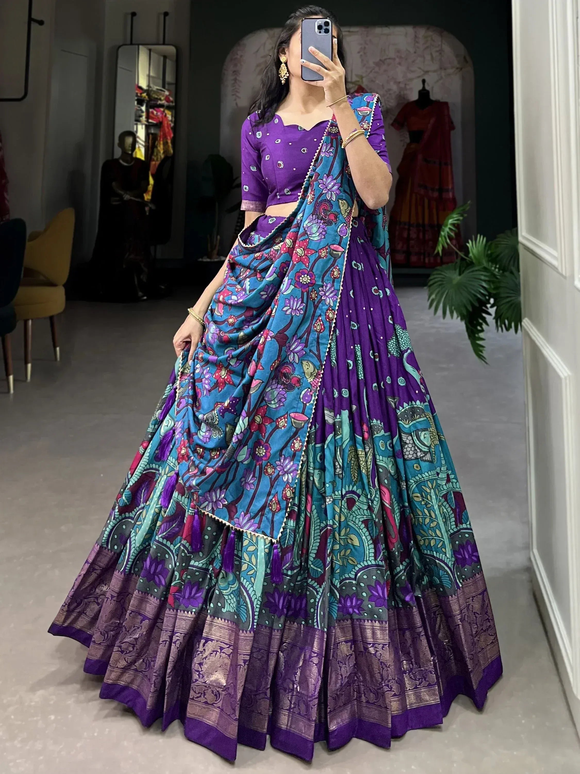 Purple and blue floral print lehenga choli with embroidered blouse and dupatta, Indian ethnic wear