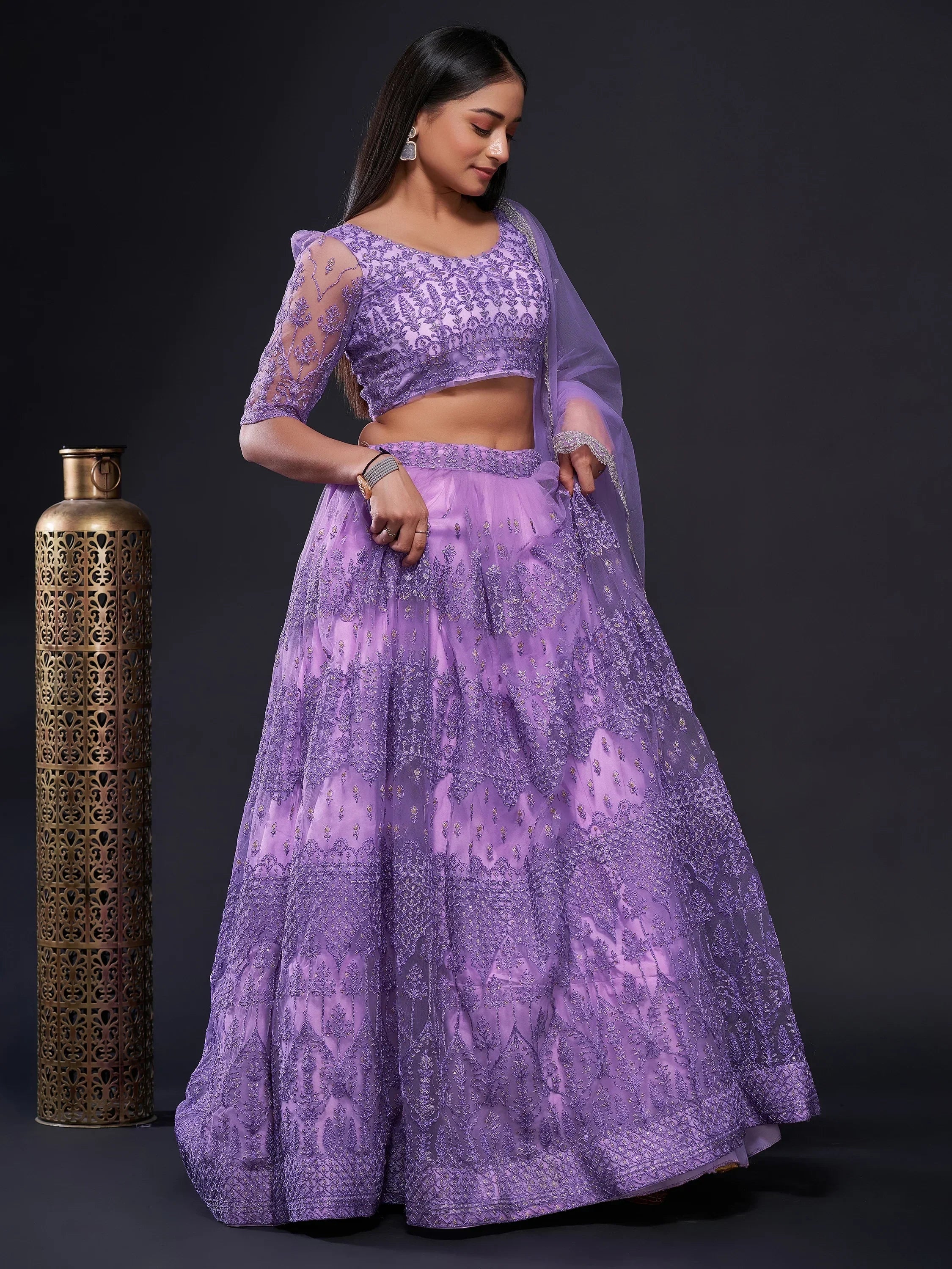 Purple embroidered lehenga choli with sheer sleeves and dupatta, Indian ethnic wear for women