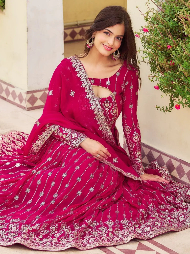 Gorgeous Rani Pink Embroidered Georgette Wedding Wear Lehenga Choli - Ethnic Plus In