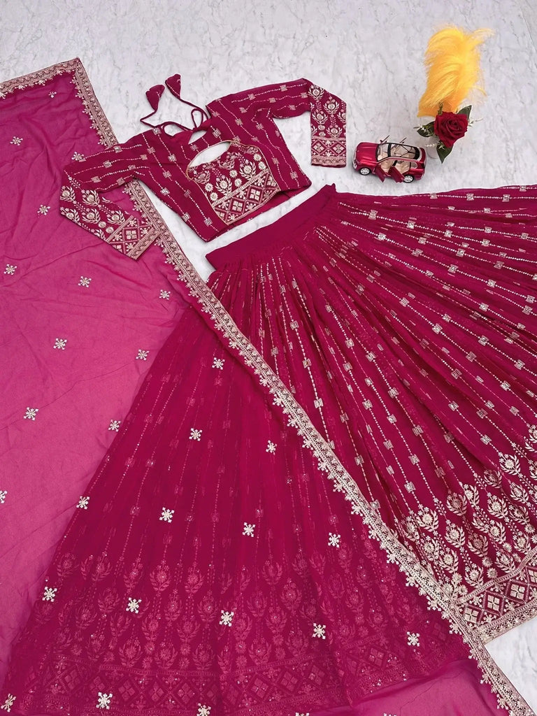 Gorgeous Rani Pink Embroidered Georgette Wedding Wear Lehenga Choli - Ethnic Plus In
