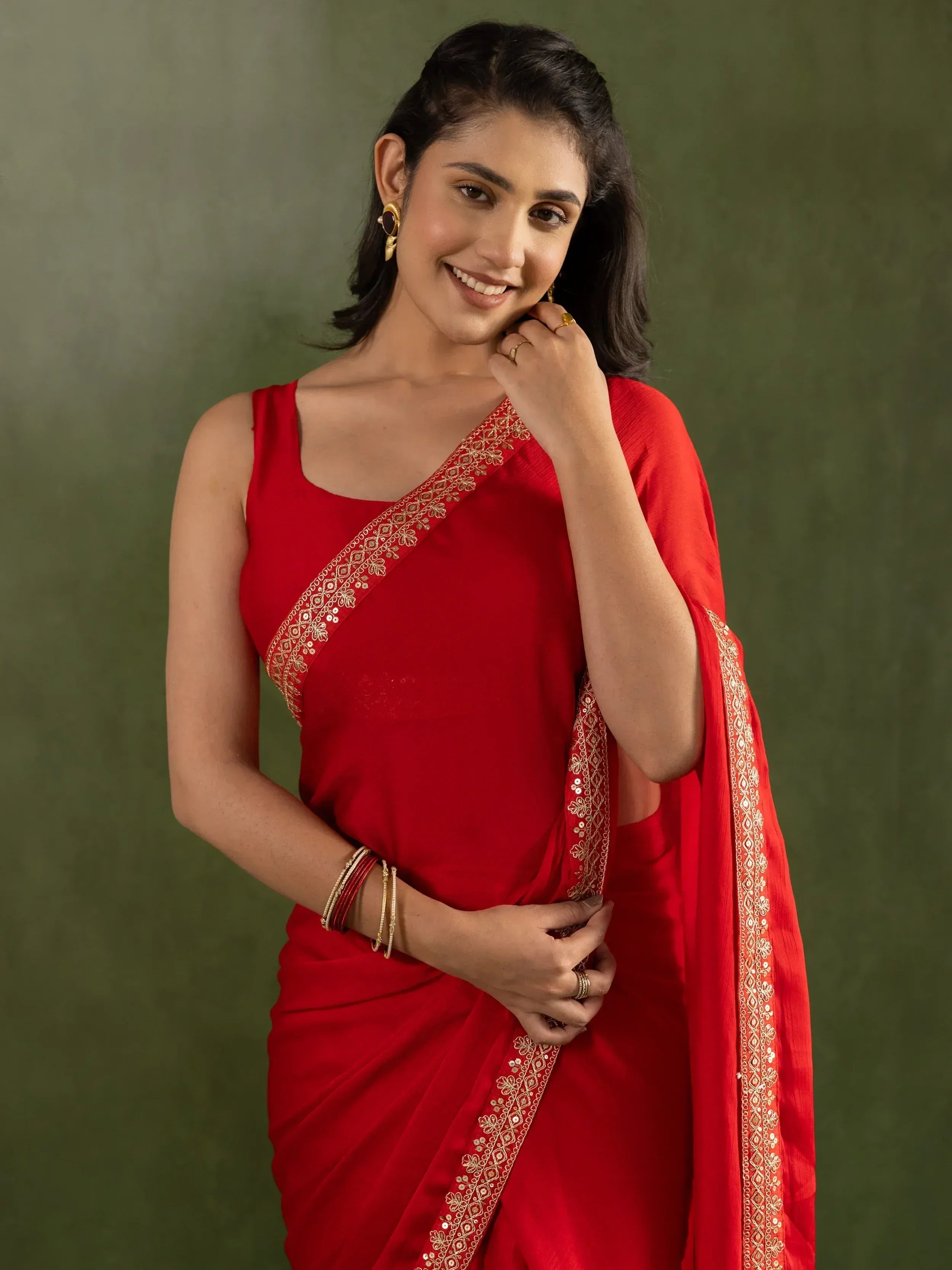 Red saree with gold embroidery, ethnic Indian wear for women, stylish designer saree