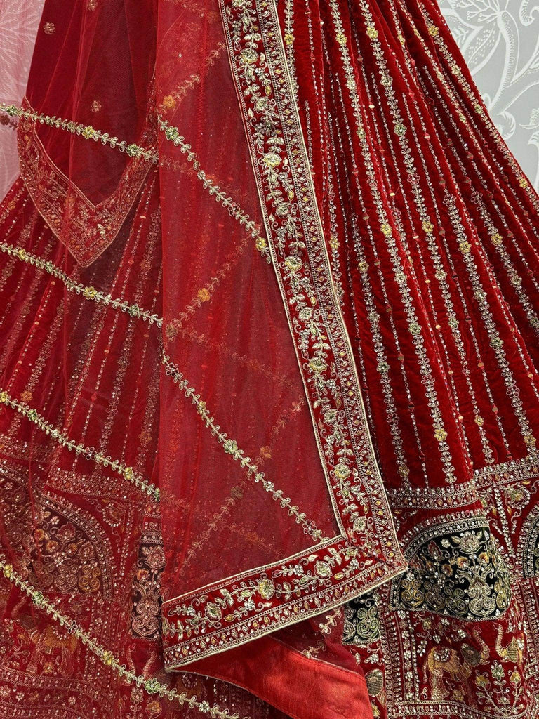 Gorgeous Red Dori Work Velvet Bridal Lehenga Choli With Dupatta - Ethnic Plus In
