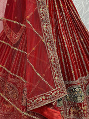 Gorgeous Red Dori Work Velvet Bridal Lehenga Choli With Dupatta - Ethnic Plus In