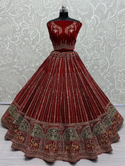 Gorgeous Red Dori Work Velvet Bridal Lehenga Choli With Dupatta - Ethnic Plus In