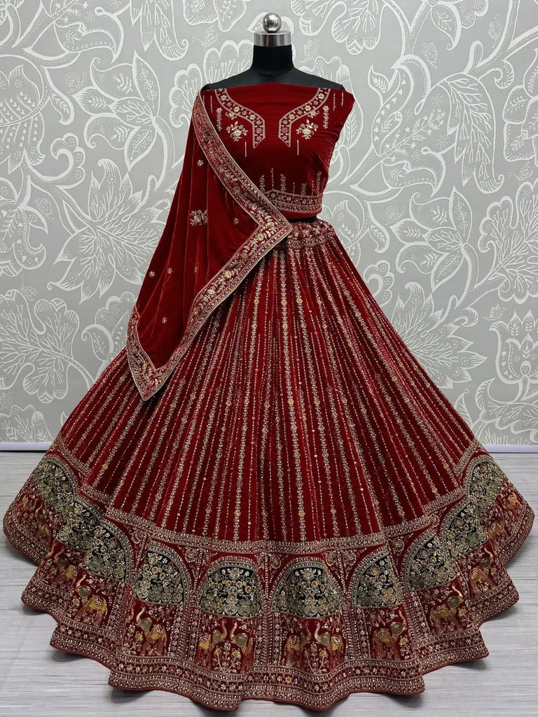 Gorgeous Red Dori Work Velvet Bridal Lehenga Choli With Dupatta - Ethnic Plus In