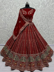 Gorgeous Red Dori Work Velvet Bridal Lehenga Choli With Dupatta - Ethnic Plus In