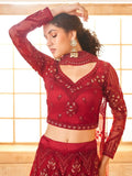 Gorgeous Red Embroidered Net Bridesmaid Lehenga Choli With Dupatta - Ethnic Plus In
