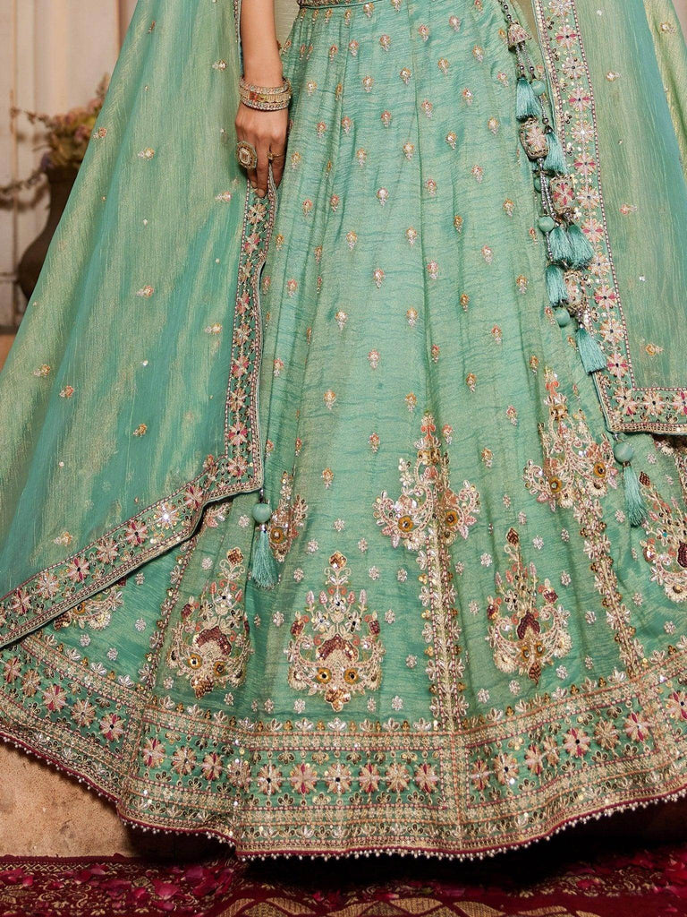 Gorgeous Sea Green Zari Embroidered Tissue Silk Pastel Lehenga Choli - Ethnic Plus In