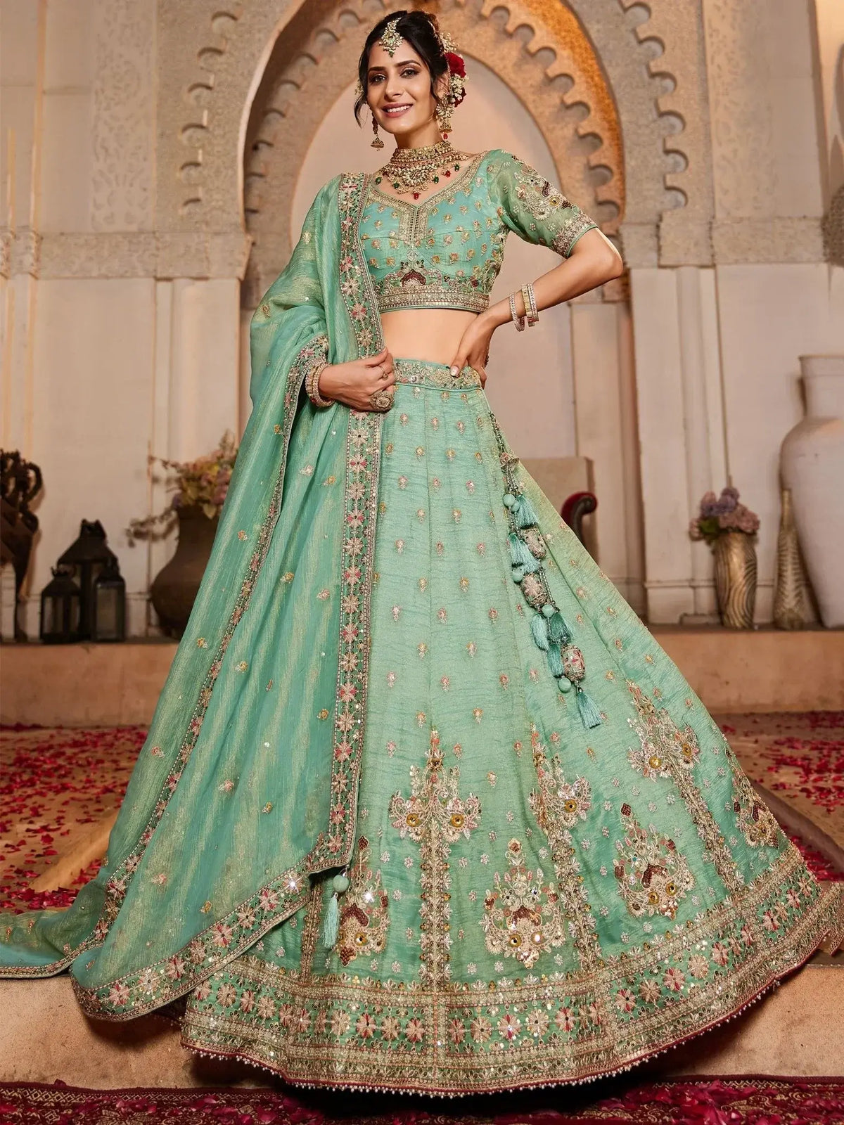 Gorgeous Sea Green Zari Embroidered Tissue Silk Pastel Lehenga Choli - Ethnic Plus In