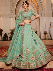 Gorgeous Sea Green Zari Embroidered Tissue Silk Pastel Lehenga Choli - Ethnic Plus In