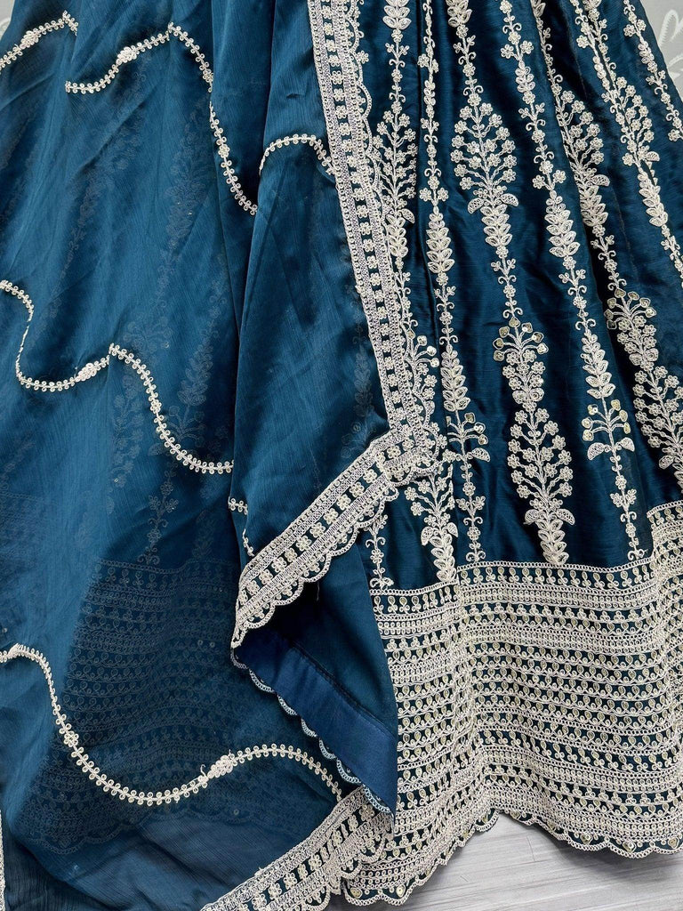 Gorgeous Teal Blue Embroidered Satin Party Wear Lehenga Choli - Ethnic Plus In
