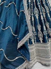 Gorgeous Teal Blue Embroidered Satin Party Wear Lehenga Choli - Ethnic Plus In