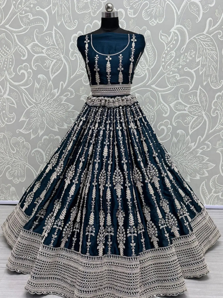 Gorgeous Teal Blue Embroidered Satin Party Wear Lehenga Choli - Ethnic Plus In
