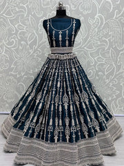 Gorgeous Teal Blue Embroidered Satin Party Wear Lehenga Choli - Ethnic Plus In