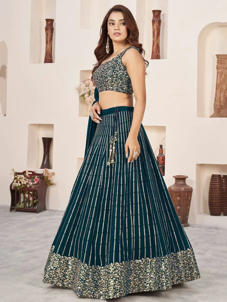 Gorgeous Teal Green Sequins Work Georgette Function Wear Lehenga Choli - Ethnic Plus In