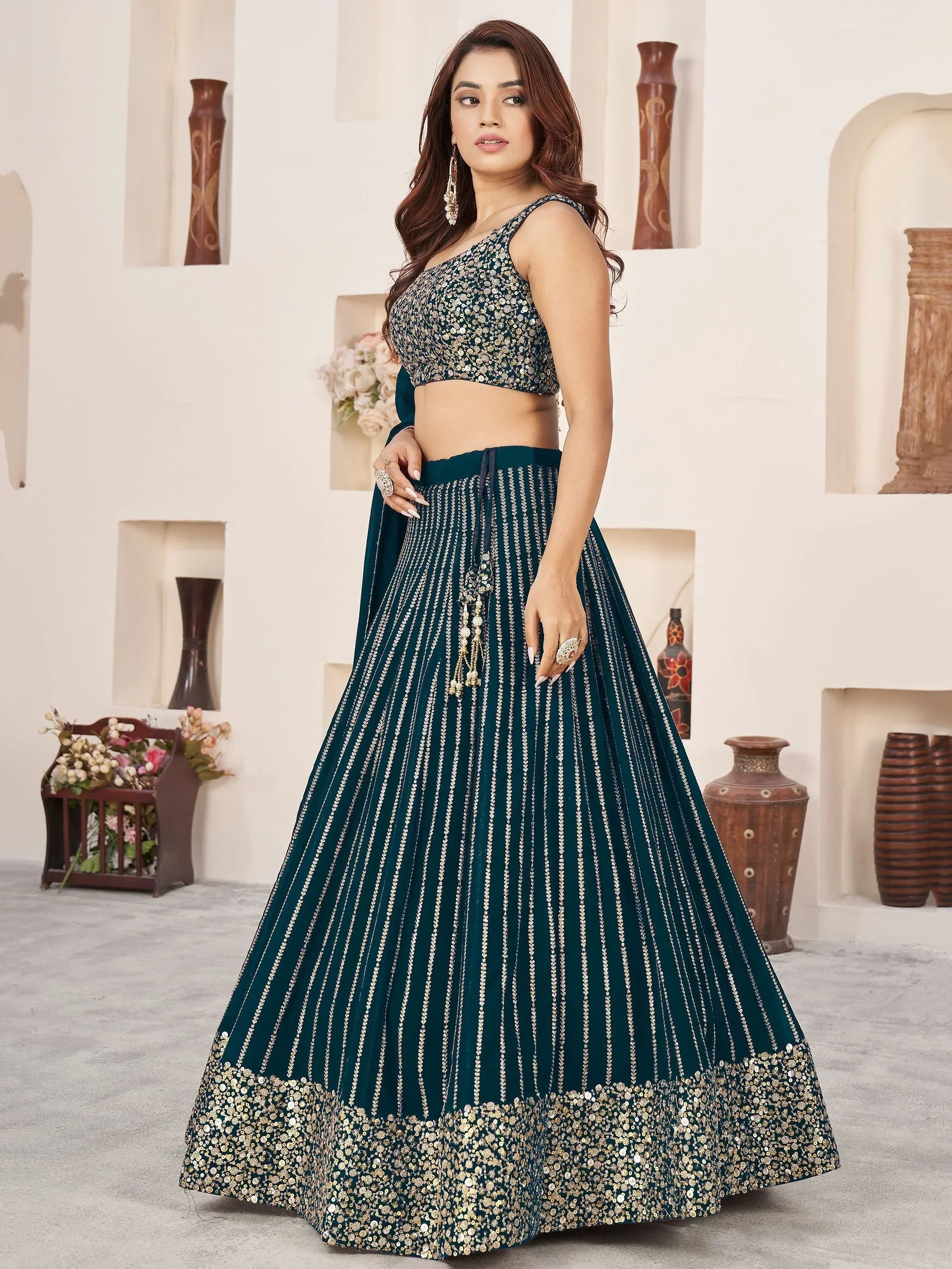 Gorgeous Teal Green Sequins Work Georgette Function Wear Lehenga Choli - Ethnic Plus In