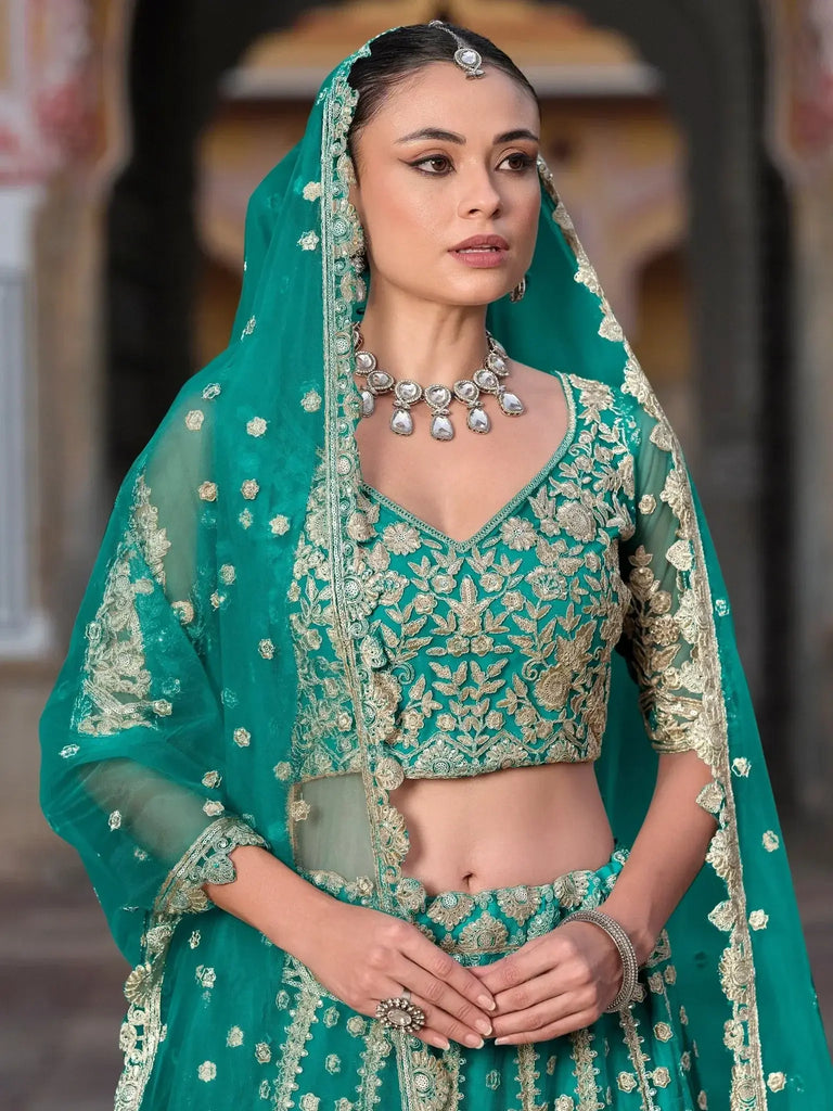 Gorgeous Turquoise Embroidered Net Lehenga Choli With Dupatta - Ethnic Plus In