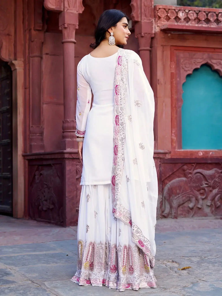 Gorgeous White Thread Embroidered Georgette Sharara Suit - Ethnic Plus In