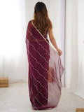 Gorgeous Wine Beads Work Chiffon Saree With Blouse - Ethnic Plus In