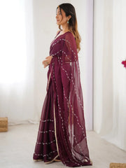 Gorgeous Wine Beads Work Chiffon Saree With Blouse - Ethnic Plus In