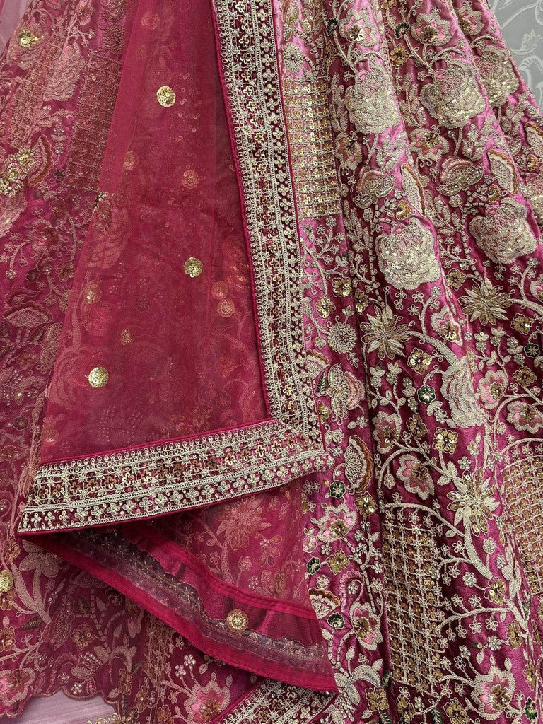 Gorgeous Wine Embroidered Velvet Bridal Lehenga Choli With Dupatta - Ethnic Plus In
