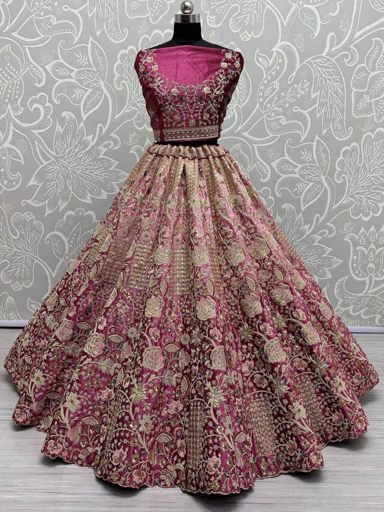 Gorgeous Wine Embroidered Velvet Bridal Lehenga Choli With Dupatta - Ethnic Plus In