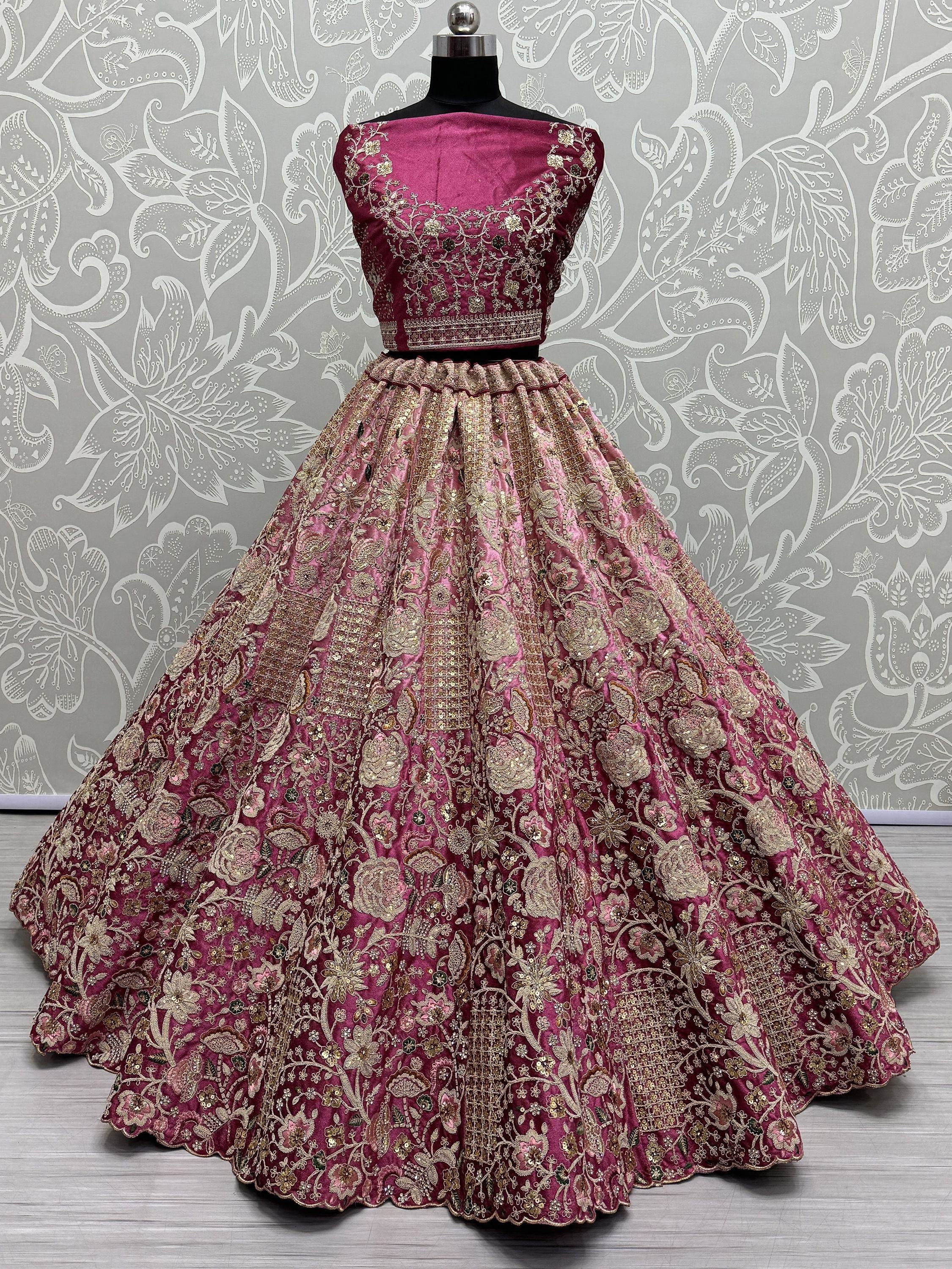 Gorgeous Wine Embroidered Velvet Bridal Lehenga Choli With Dupatta - Ethnic Plus In