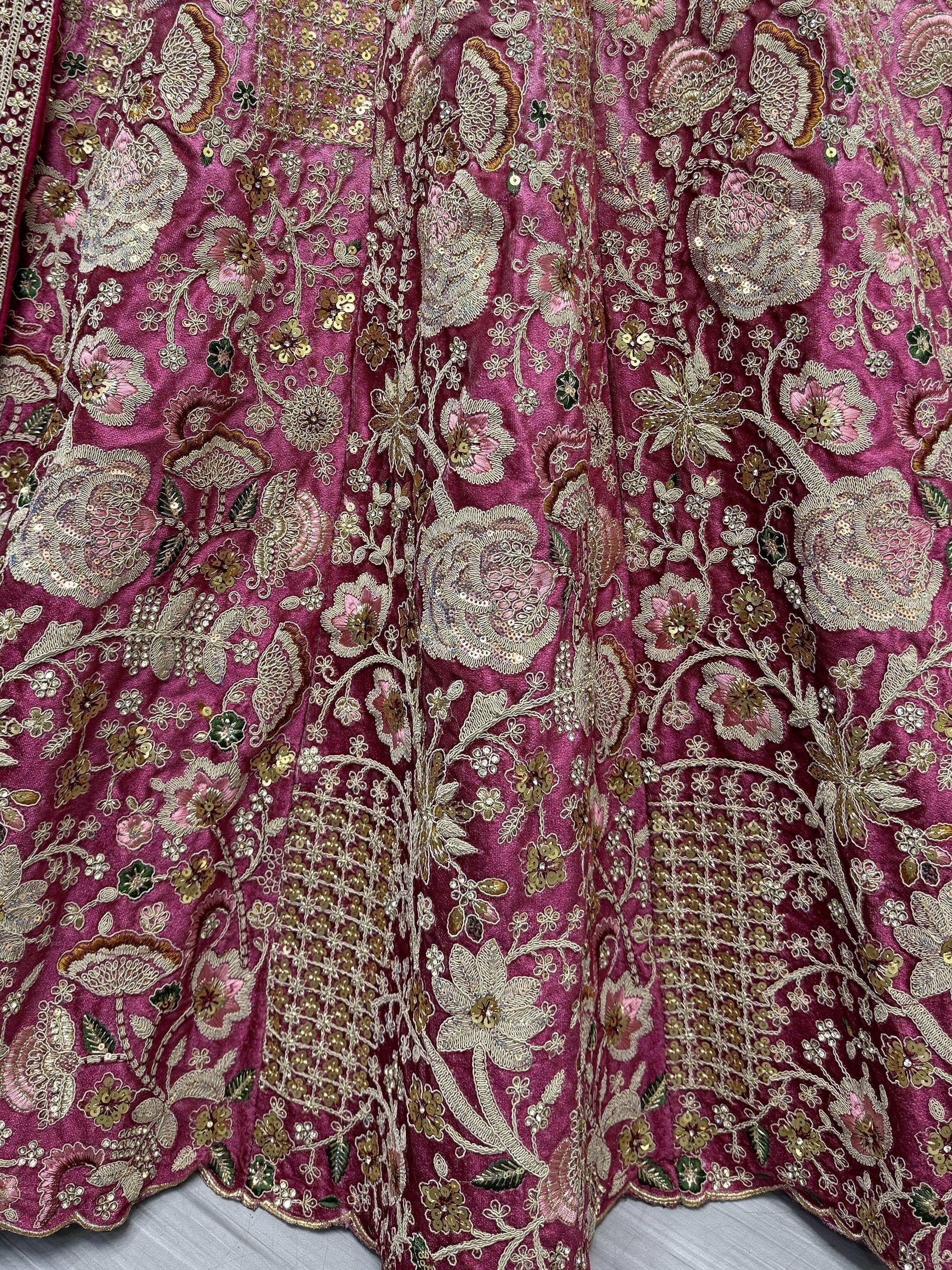 Gorgeous Wine Embroidered Velvet Bridal Lehenga Choli With Dupatta - Ethnic Plus In