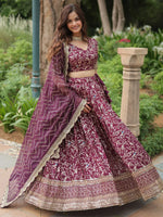 Gorgeous Wine Sequins Jacquard Sangeet Wear Lehenga Choli