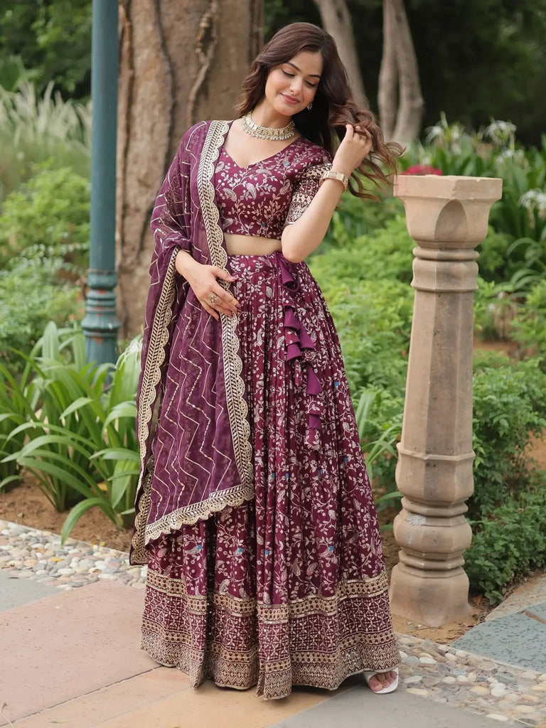 Gorgeous Wine Sequins Jacquard Sangeet Wear Lehenga Choli - Ethnic Plus In