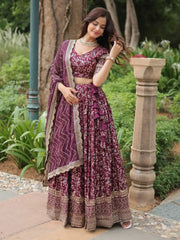 Gorgeous Wine Sequins Jacquard Sangeet Wear Lehenga Choli - Ethnic Plus In