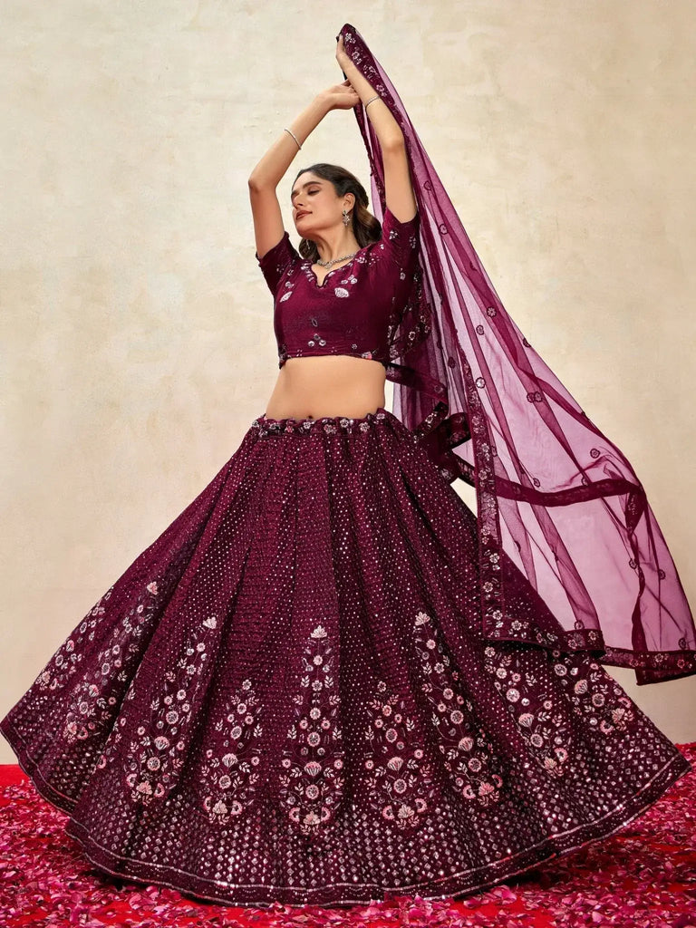 Gorgeous Wine Thread Embroidered Net Lehenga Choli With Dupatta - Ethnic Plus In